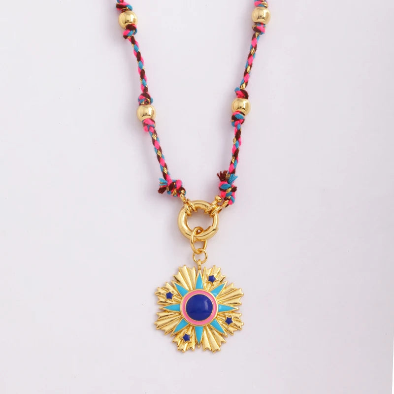 Star Celestial Evil Eye Beaded Necklace Boho Long Knot Cotton Cord Jewelry