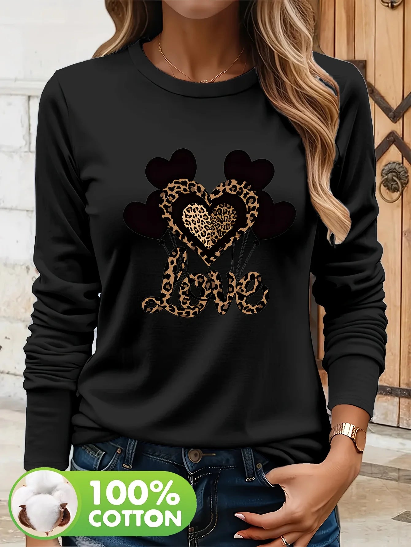 Cotton Harajuku Women’s Long Sleeve Top – Casual Chic Leopard Heart Graphic Print Shirt 🐆💖