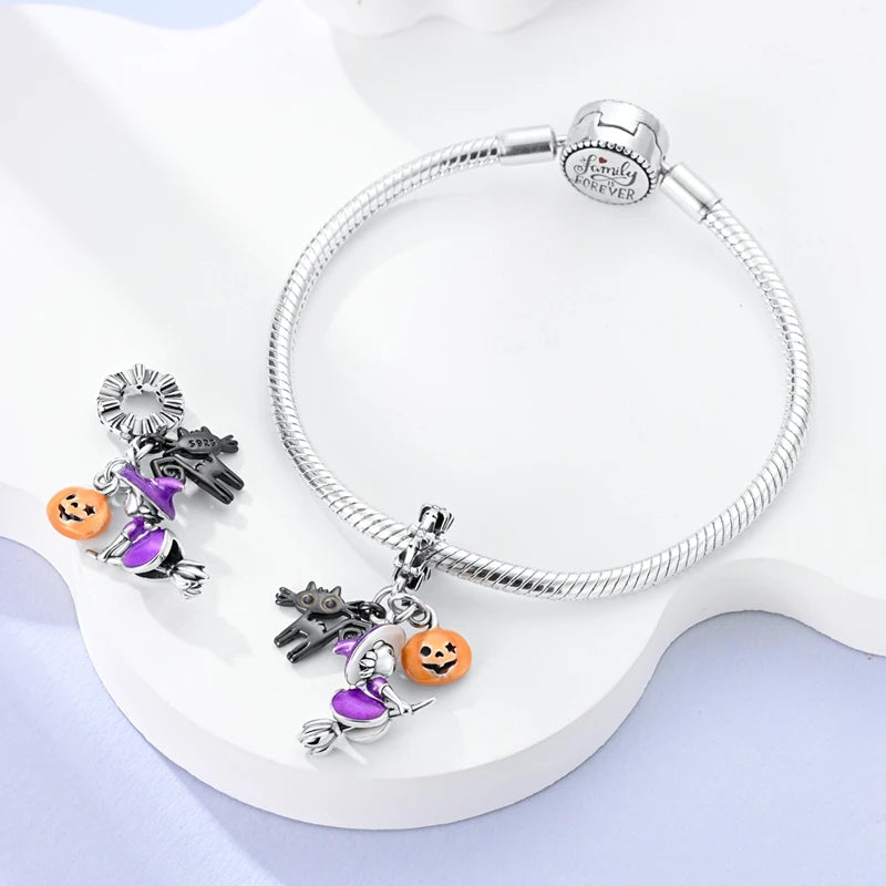 925 Sterling Silver Halloween Series Charms | Pumpkin, Witch, Skull & Candy Beads Fit Original Bracelet DIY Jewelry
