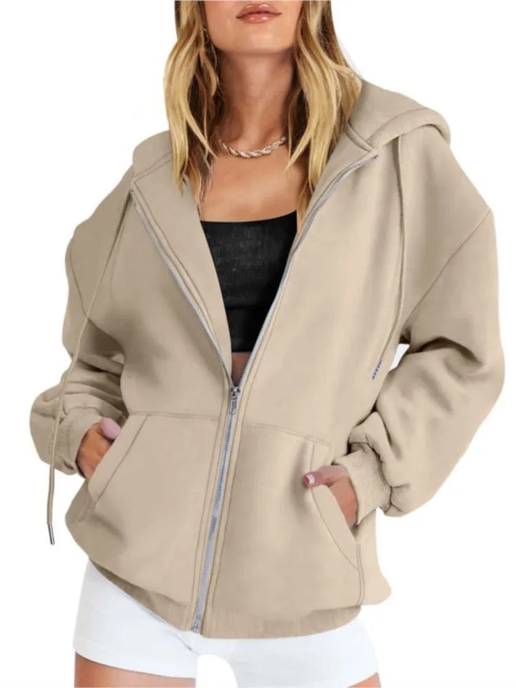 2024 Women’s Solid Hoodie | Elegant Long Sleeve Zipper Drawstring Sweatshirt | Casual Hooded Top with Pockets