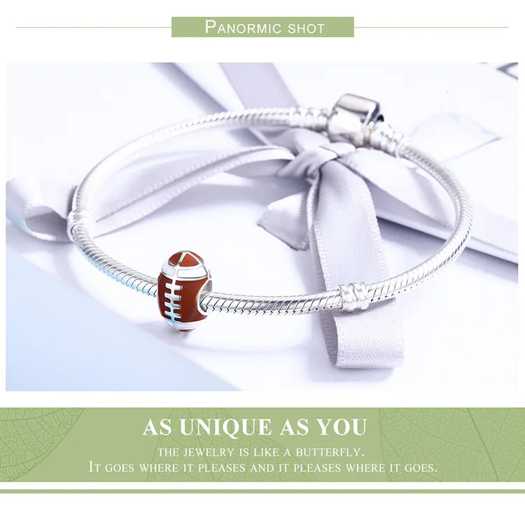 BISAER 925 Sterling Silver Ball Series Charms – Football, Volleyball, Tennis & Basketball Beads Fit Pandora Bracelet DIY Jewelry