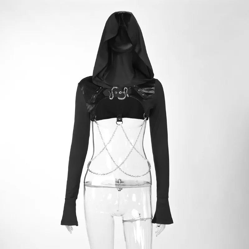 Dark Black Goth Top | Women’s Vintage Flared Sleeve Gothic T-Shirt Y2K Party Wear