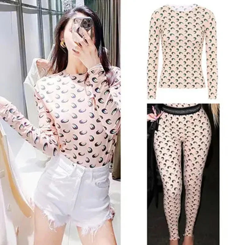 American Retro Women’s Two-Piece Set – Ice Silk Top & Pants with Moon Print Long Sleeve 🌙✨