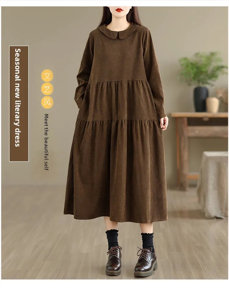 Corduroy Long Sleeve Doll Collar Dress 👗 Autumn Winter Loose A-Line Casual Midi Dress 🍂 Simple Chic Commute Dress
