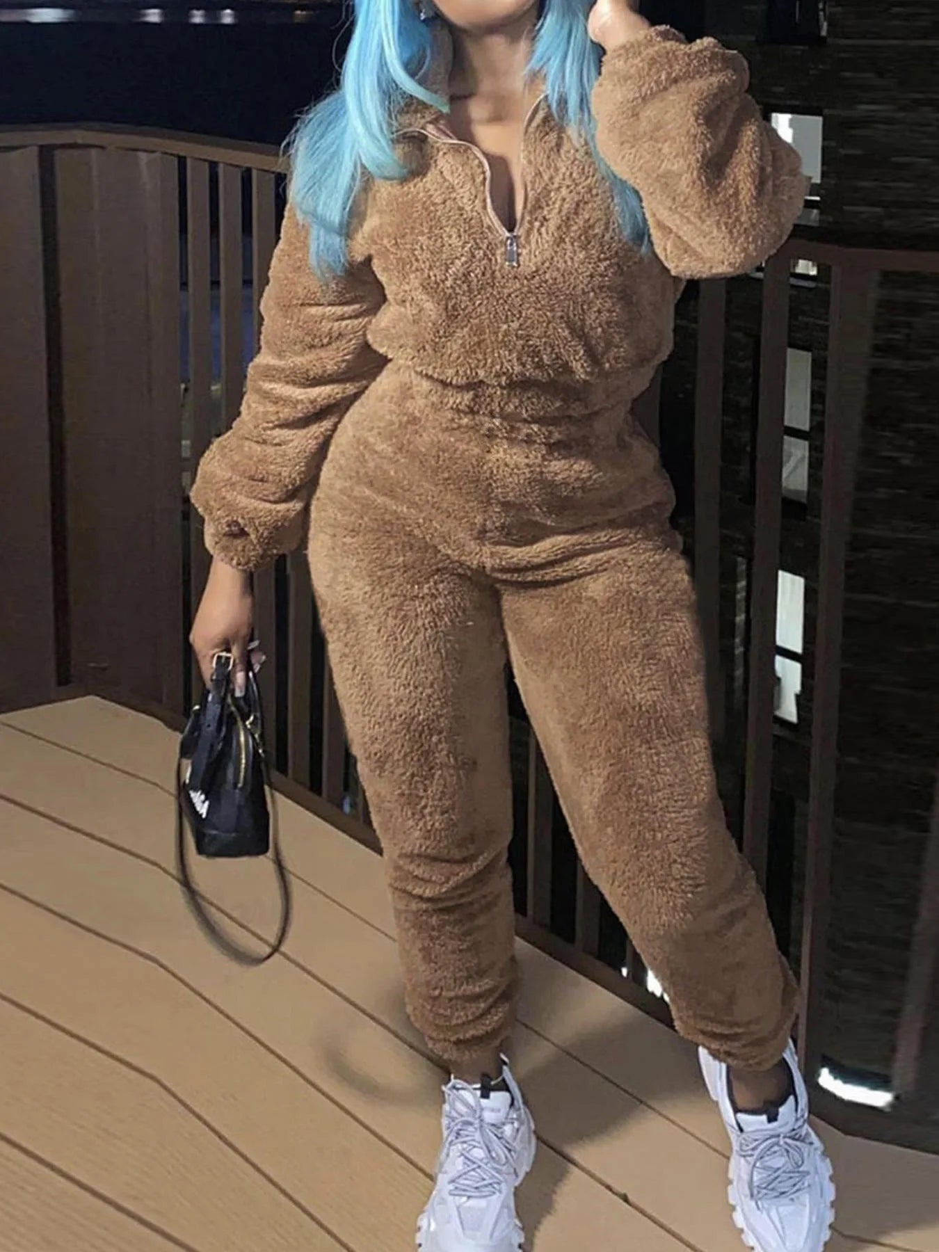 Winter Plush Two-Piece Set for Women – Warm Zipper Lapel Pullover & Elastic Waist Trousers Casual Home Suit ❄️✨