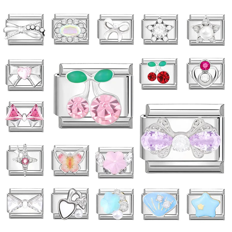 2025 Original Zircon Bow Knot Star Cherry Italian Charm | Stainless Steel 9mm Links DIY Modular Bracelet Jewelry Wholesale