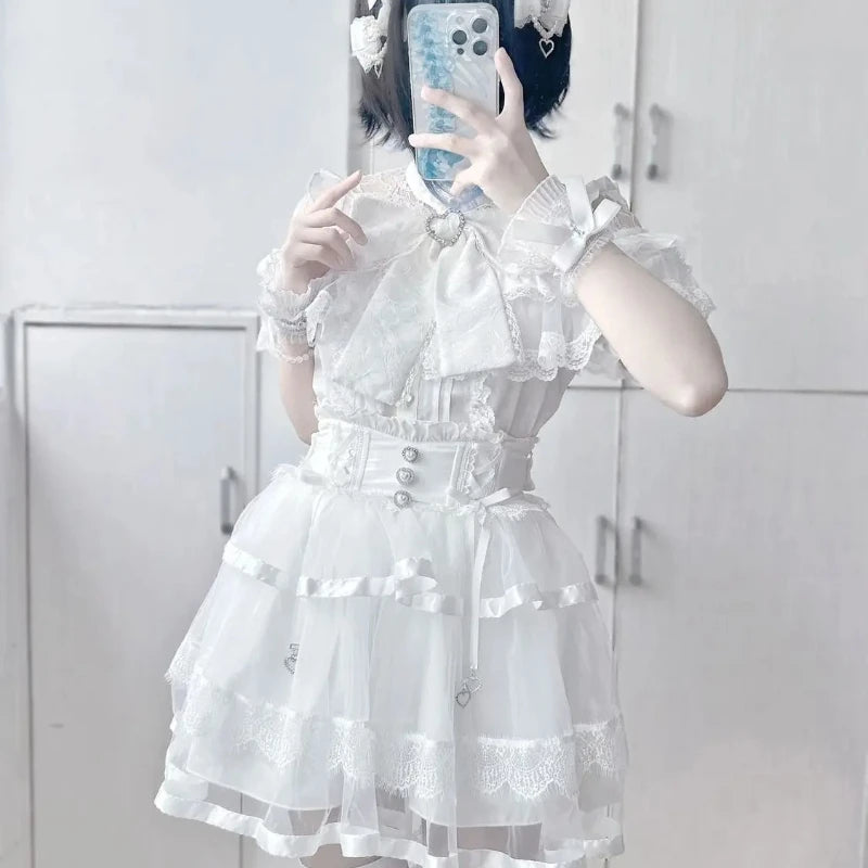 2025 Japanese Kawaii Lolita Lace Blouse | Harajuku Sweet JK Bow Top | Autumn Lightweight Patchwork Shirt for Women