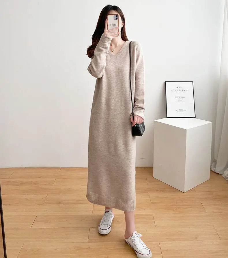 Ladies’ Knitted V-Neck Dress – Loose Fit Base Layer Skirt, Casual Straight Tube Korean Style Autumn Winter Dress