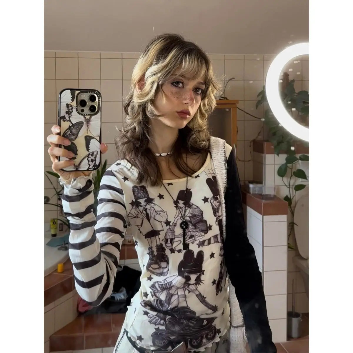 Y2K Star Striped Asymmetric Slim Fit Long Sleeve T-Shirt | Trendy Women’s Street Style Moisture-Wicking Base Top