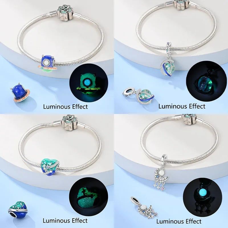 925 Sterling Silver Luminous Rabbit Astronaut Spaceship Charm – Fits Original Bracelet DIY Jewelry Gift for Women