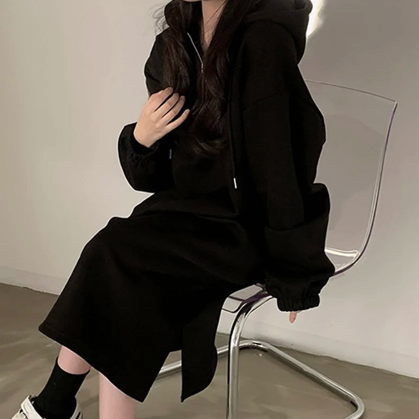 Chic Winter College Long Hoodie Dress ❄️ Lazy Fleece A-Line Side Slit Dress 👗 Pure Color Polyester Fiber 🧵