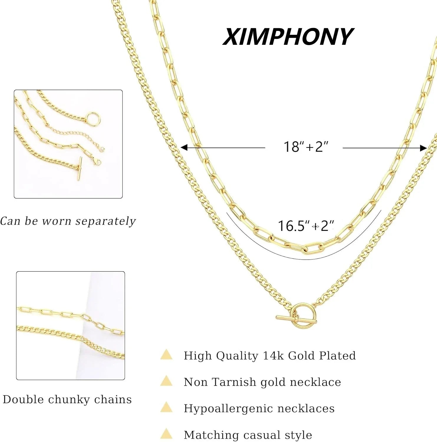 Gold Layered Cuban Link & Paperclip Chain Necklace | K Gold Plated Toggle Clasp Jewelry for Women
