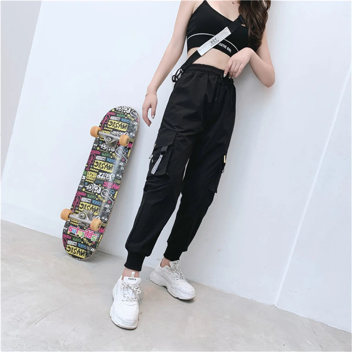 Black Cargo Pants for Women | High Waist Loose Joggers | Korean Hip Hop Streetwear Trousers