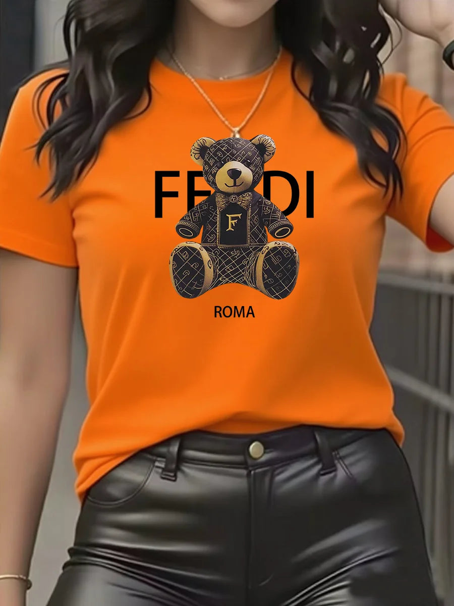 Summer Women’s Teddy Bear Graphic T-Shirt | Light Blue Short Sleeve Casual Crew Neck Top