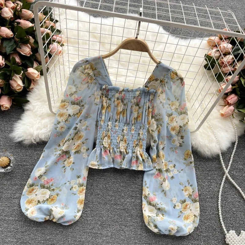 Pink Floral Chiffon Blouse for Women – Square Collar Lantern Sleeve Korean Summer Top 2024 🌸👚