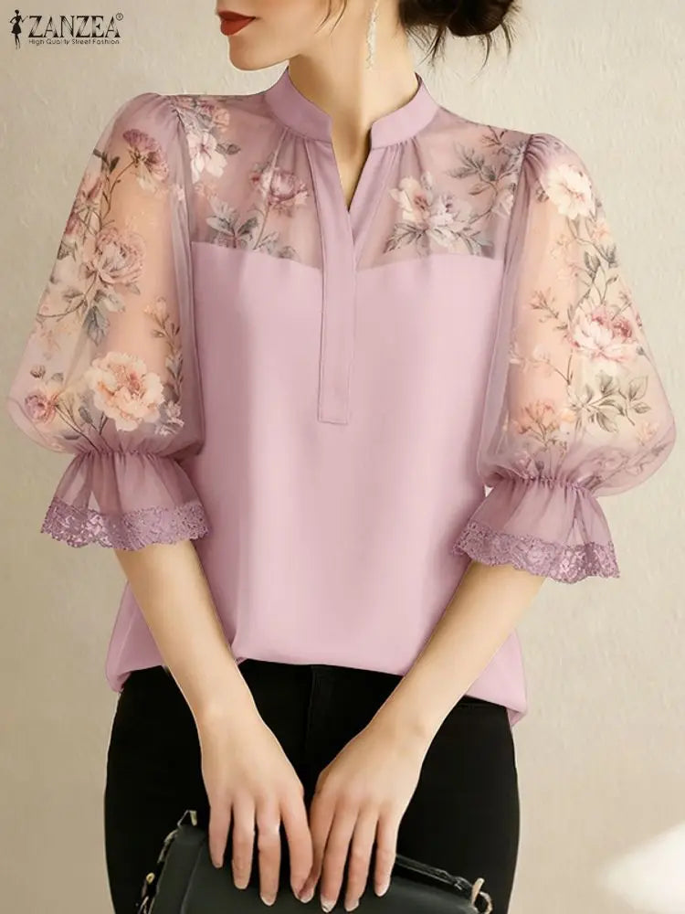 ZANZEA Elegant Women Floral Chiffon Blouse – V-Neck Patchwork Top with 3/4 Puff Sleeves & Lace Trim S-3XL 🌸👚