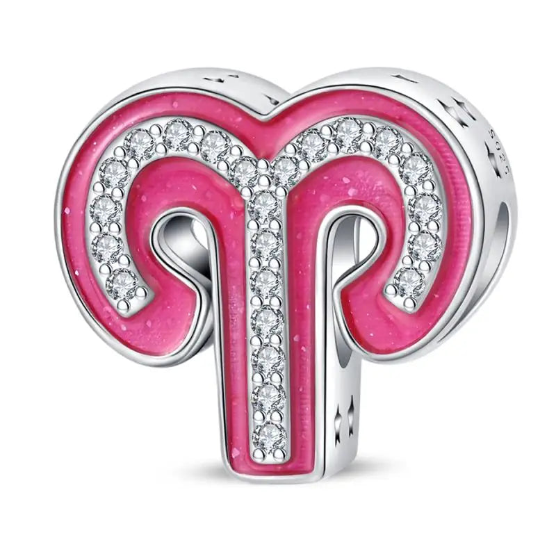 925 Sterling Silver Pink Zircon 12 Zodiac Signs Charms | Fit Original Pandora Bracelets DIY Jewelry Gift for Women