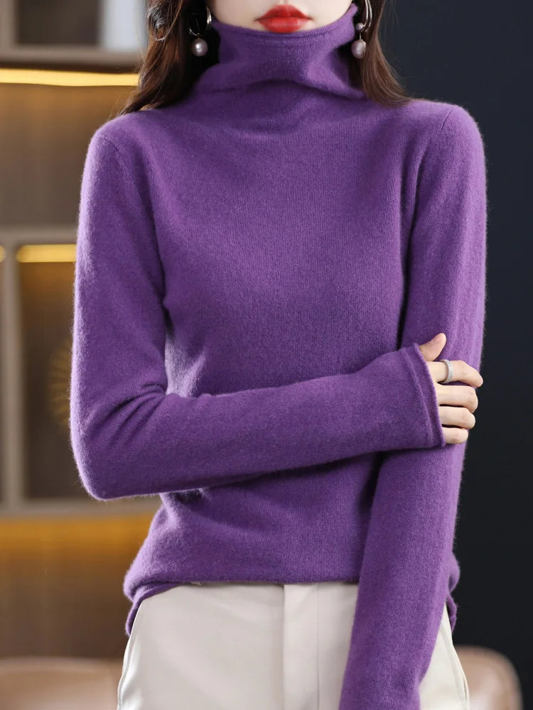 Women’s 100% Merino Wool Sweater – Autumn Winter Pile Collar Pullover Knitwear 🧶🍂