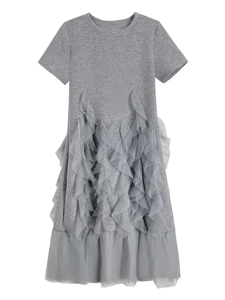 Plus Size Asymmetrical T-Shirt Dress | Slimming Mesh Splice Belly-Covering High Waist A-Line Dress | Summer Women’s Fashion