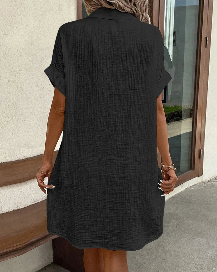 Vintage Women’s Solid Mini Dress – Summer V-Neck Three-Quarter Sleeve Cotton Linen Casual Dress