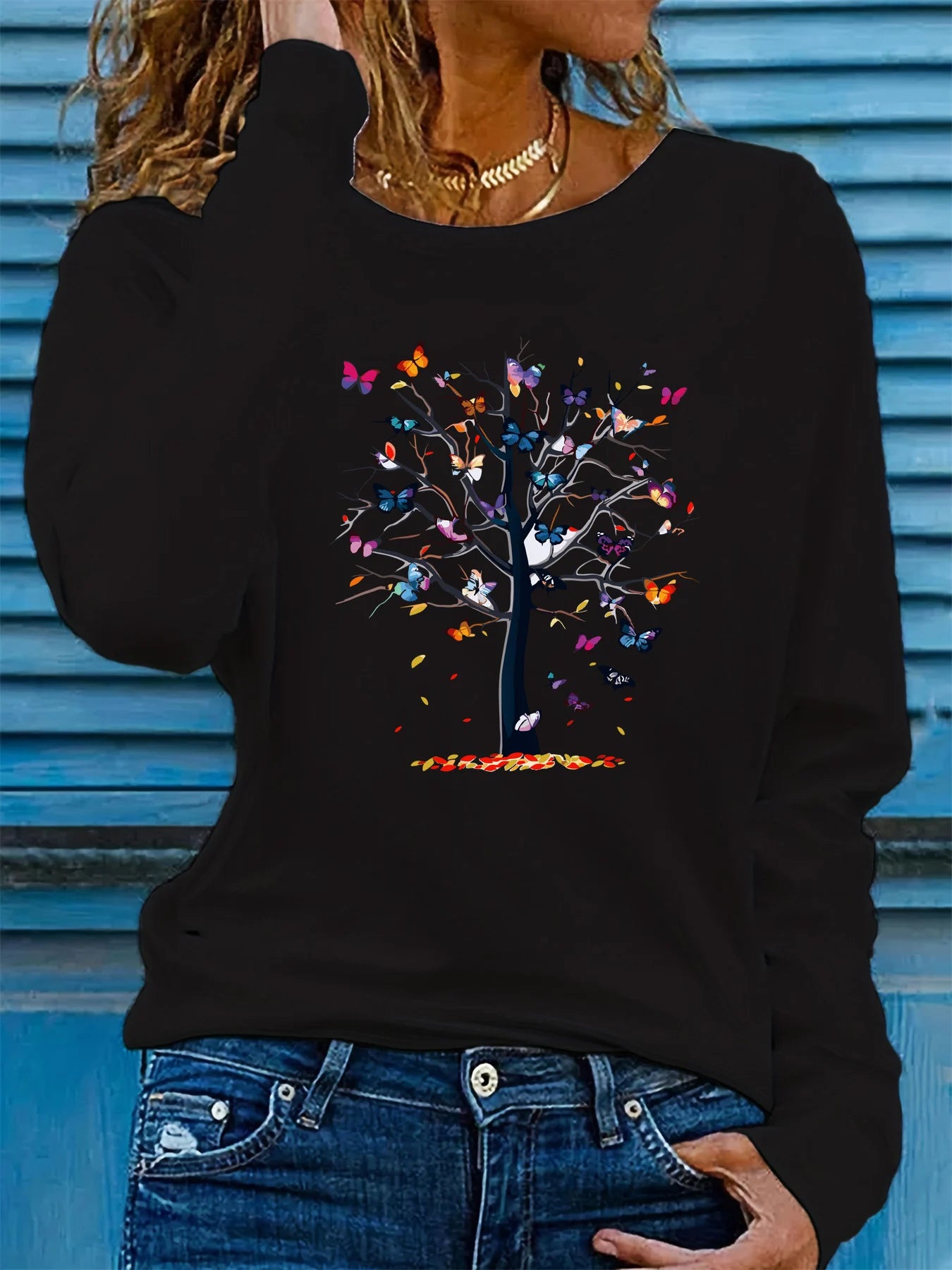 Women’s 100% Cotton Long Sleeve T-Shirt | Spring Autumn Loose Fit Round Neck | Butterfly & Tree Graphic Top