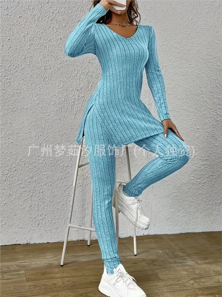 Women’s Knitted 2-Piece Set 🌸 V-Neck Pullover & Trousers Spring/Autumn ✨