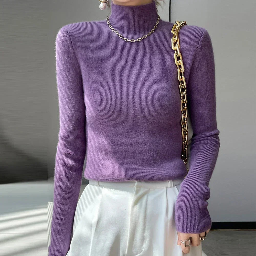 Women’s High Collar Knitted Sweater | Slim Fit Long Sleeve Top | Blue, Purple & Red Bottoming Shirt