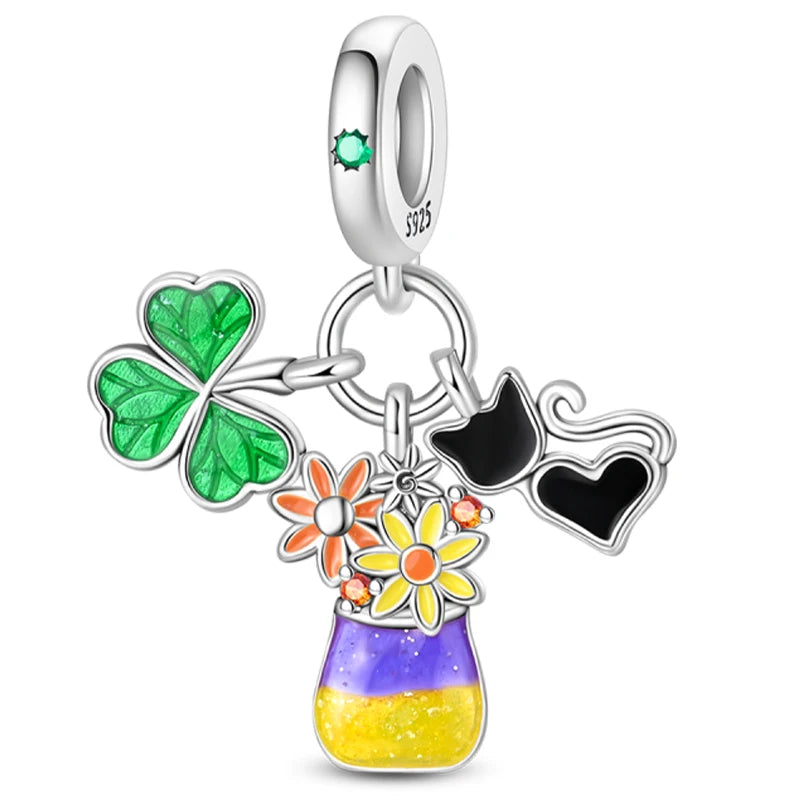 Original 925 Sterling Silver Luminous Lantern & Magic Cat Charm Bead | Glowing Angel Jungle Pendant for Bracelet Jewelry