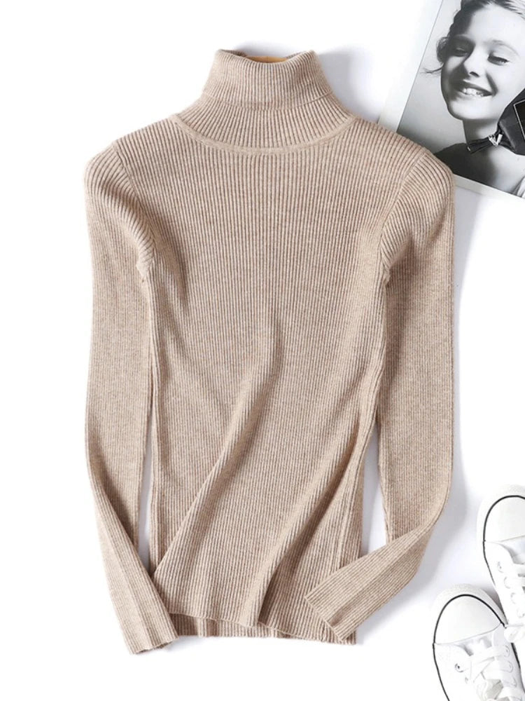 Women’s Knitted Turtleneck Sweater | Autumn Winter Slim Fit Ribbed Polo-Neck Jumper Pullover
