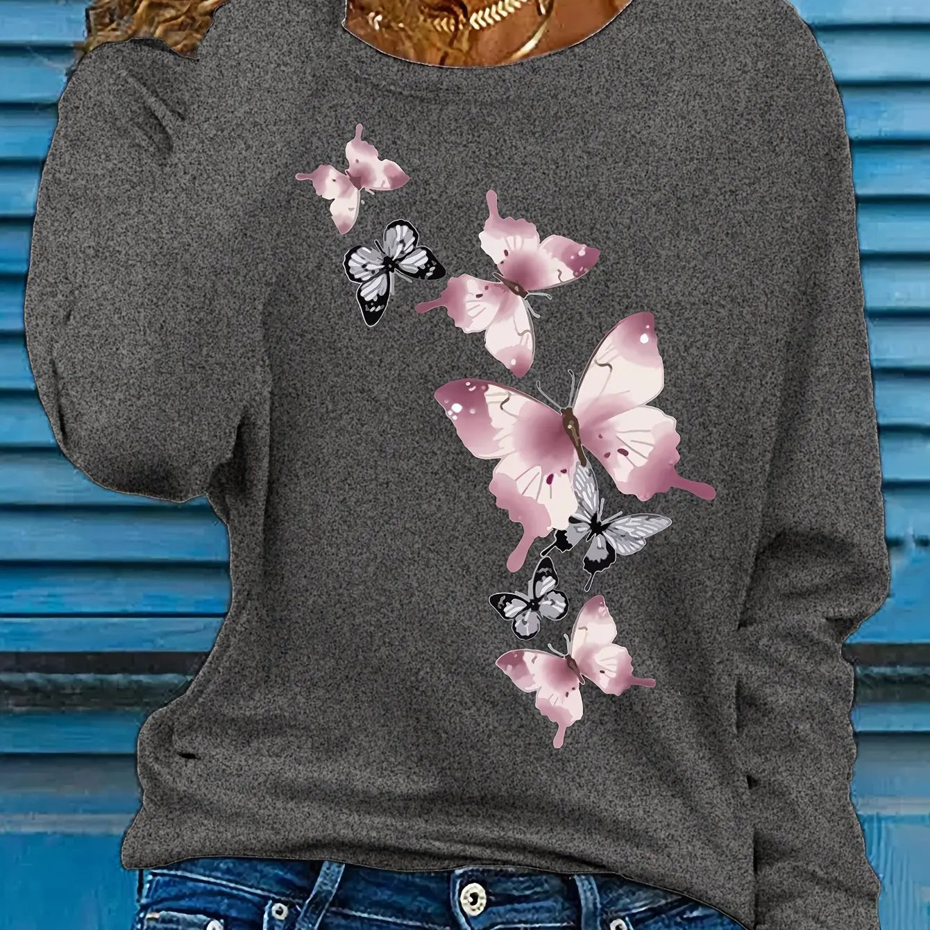 Women’s 100% Cotton Butterfly Print Long Sleeve T-Shirt | Casual Loose Round Neck Base Shirt for Spring & Autumn