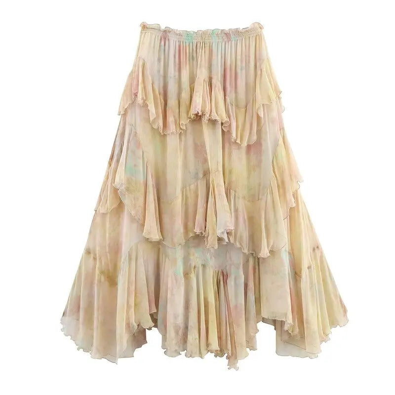 Summer 2025 Women’s Long Printed Layered Skirt – High Waist Floral Midi Skirt Fashion Design