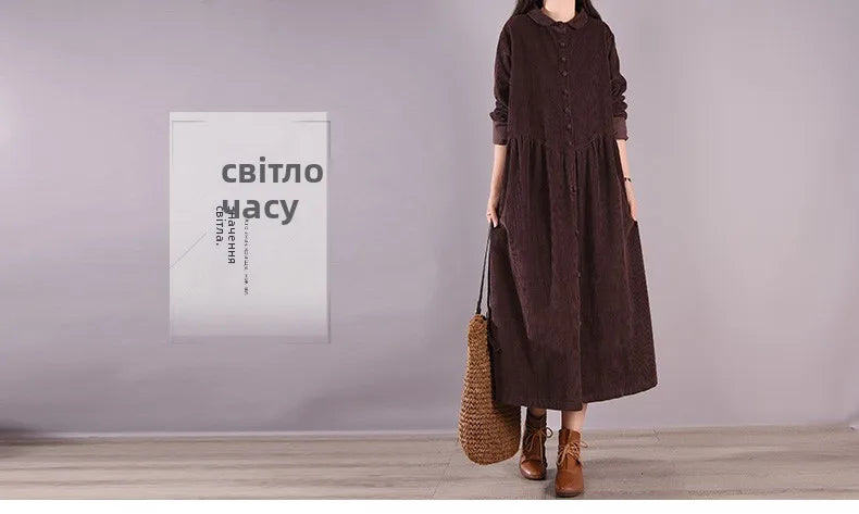 Retro Pure Color Corduroy Dr Loose Casual Long irt Dr Women's A-Line Skirt Long Sve  Collar Single Button Closure