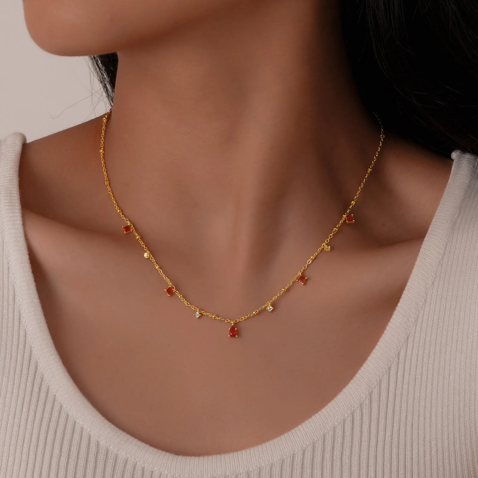 Zirconia Charms Necklace for Women – CZ Dangle Choker Bezel Station Gold Plated Jewelry