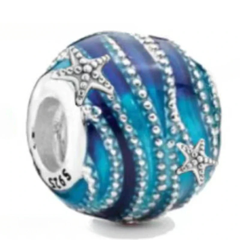 925 Sterling Silver Blue Moon Plane Space Series Glass Beads Clip Charm for Bracelet