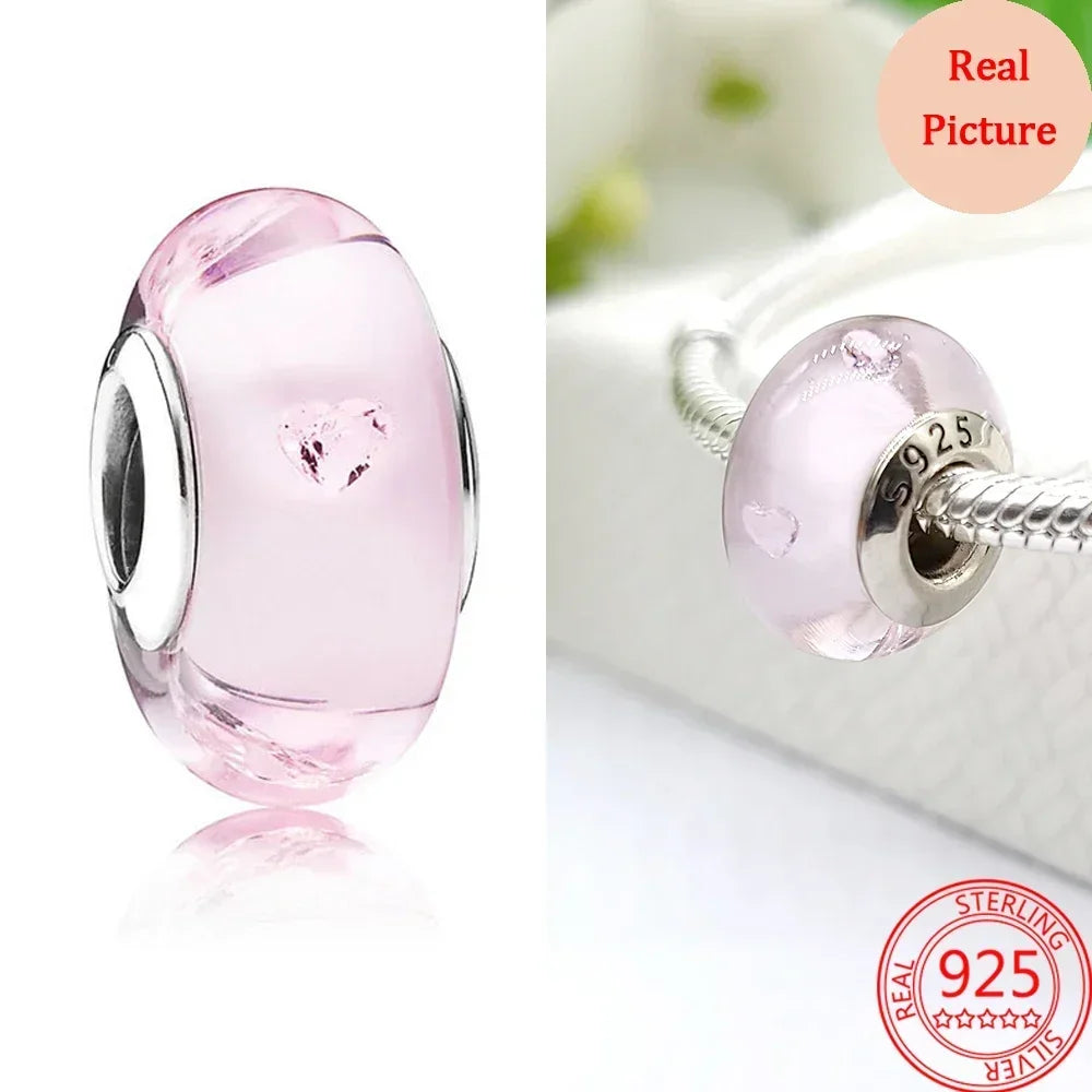 925 Sterling Silver Murano Glass Galaxy & Clover Heart Beads | Fit Pandora Bracelet DIY Jewelry Gift for Mum