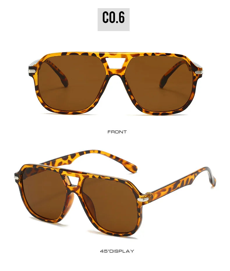 Retro Big Frame Square Sunglasses – Women & Men Double Beam One-Piece Designer Pilot Sun Glasses | Black Circular Cool Shades