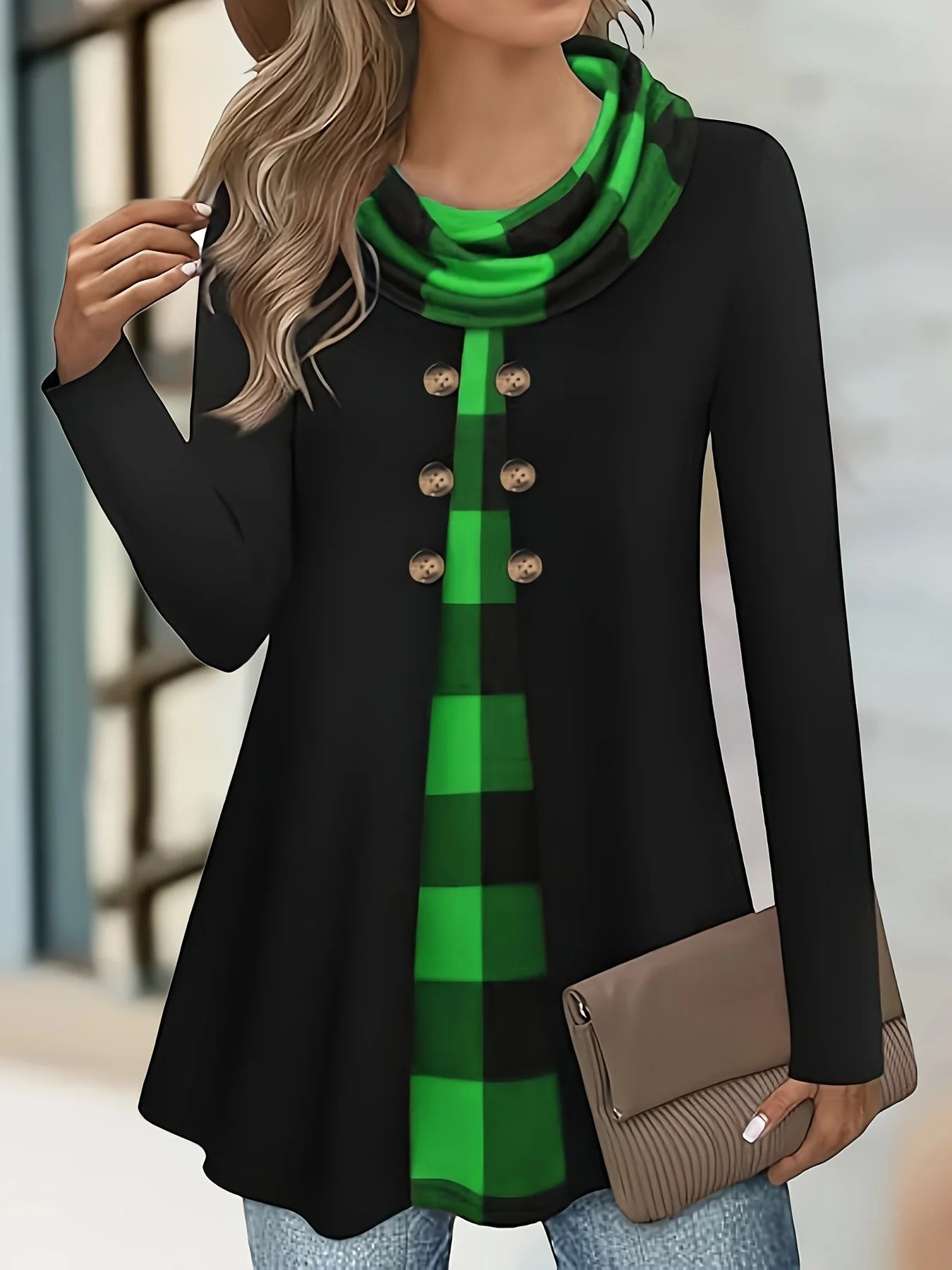European & American Plaid Print Fake Two-Piece Plus Size Long Sleeve T-Shirt – Pleated Scarf Button Top 👚✨