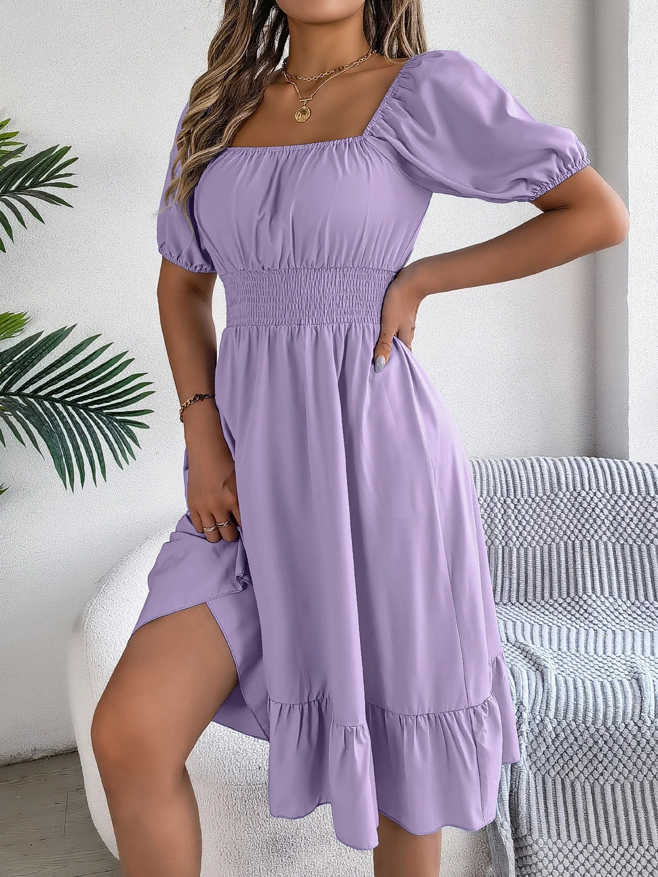 2026 Women’s Elegant High-Waisted Dress – Square Neck, Short Sleeve, Ruffled Edge Long Dress | Spring Summer Valentine’s Day