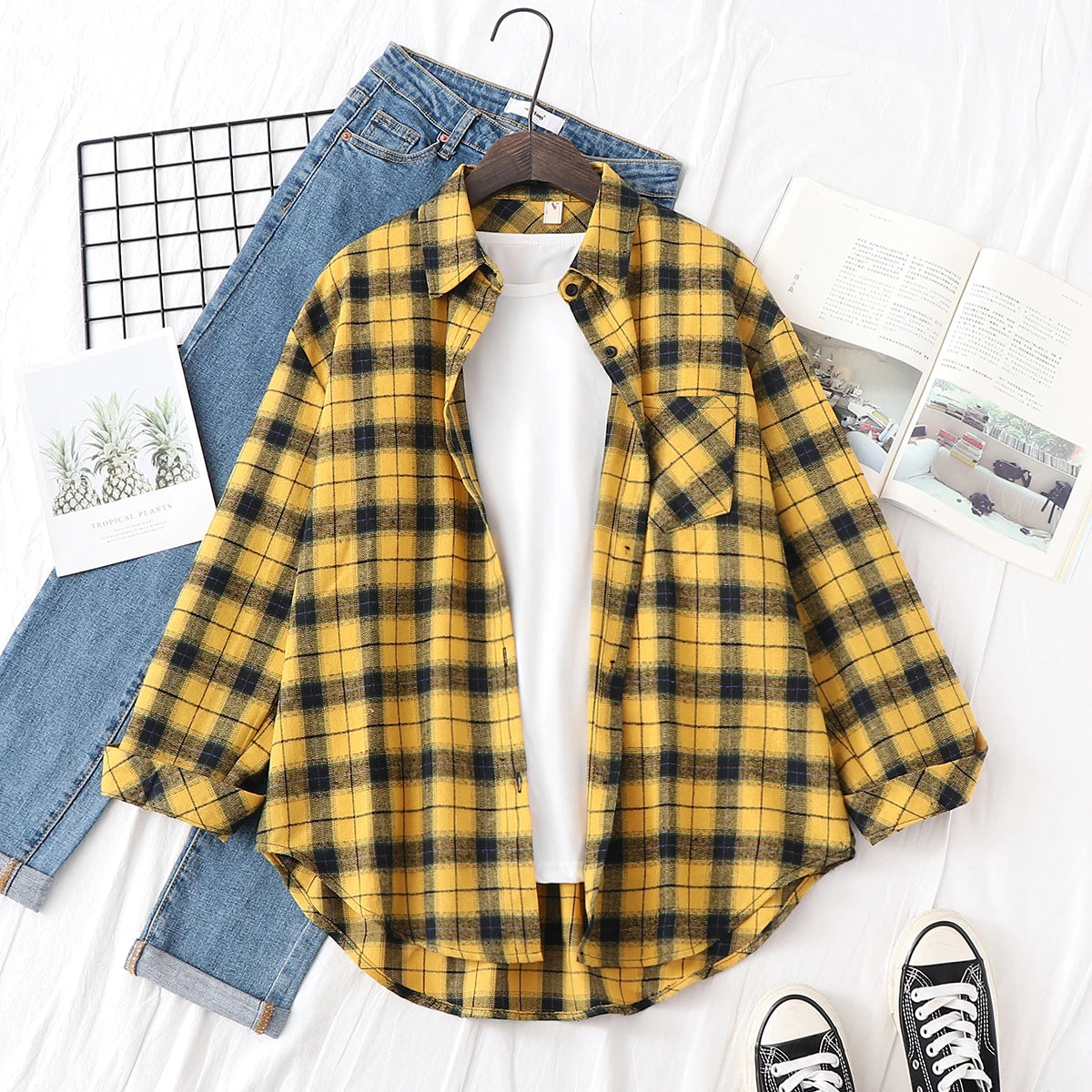 Women’s Plaid Shirt | Spring Autumn Long Sleeve Blouse | Casual Cotton Checkered Top