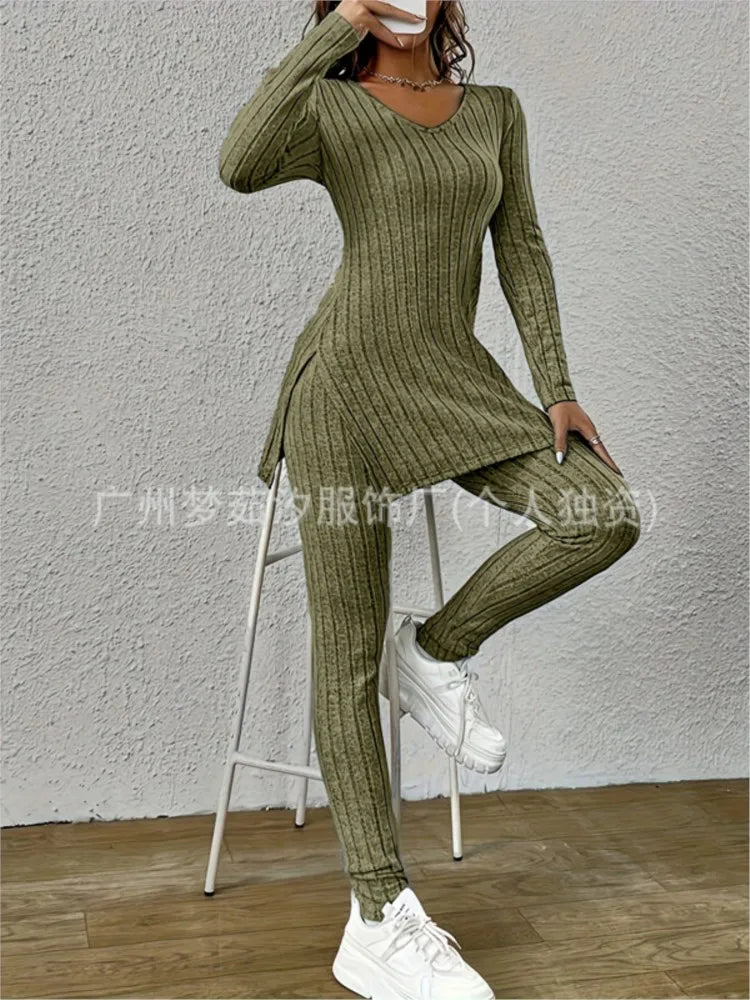 Women’s Knitted 2-Piece Set 🌸 V-Neck Pullover & Trousers Spring/Autumn ✨