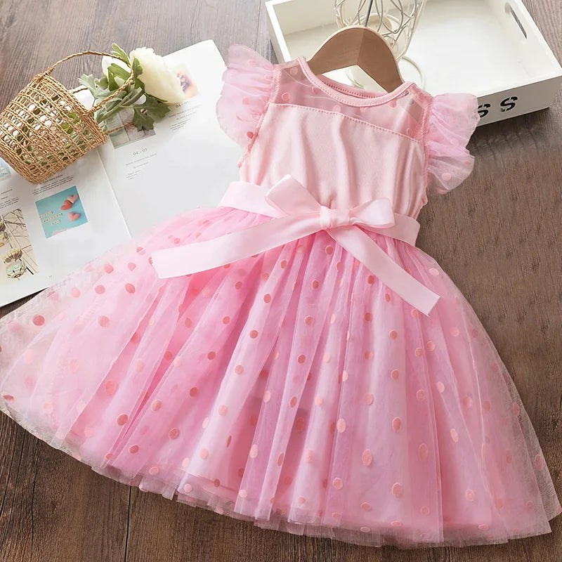 Hello Kitty Summer Kids Girls  Ruffles Sleeves Elegant Princess Mesh Dresses Girls Birthday Party Casual Sweet Dresses 2-6Y