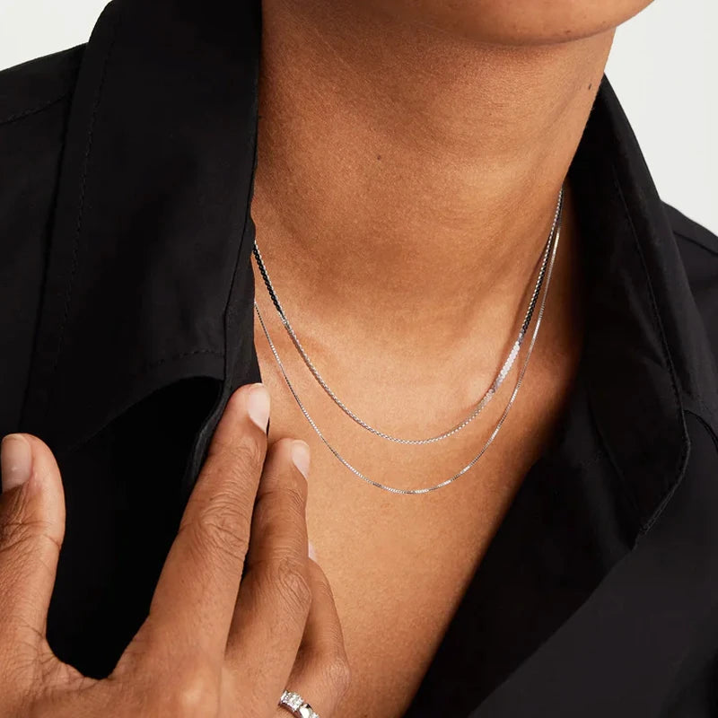 BAMOER 925 Sterling Silver Box Chain Necklace for Women Girls – 0.8mm Solid Gold Over Super Thin & Strong Chain