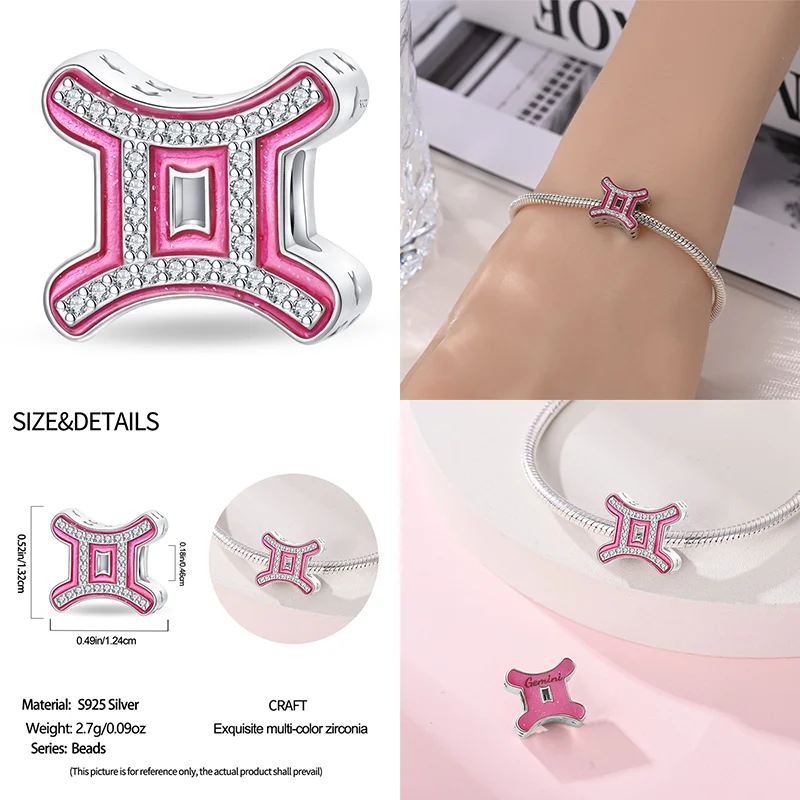 925 Sterling Silver Pink Zircon 12 Zodiac Signs Charms | Fit Original Pandora Bracelets DIY Jewelry Gift for Women