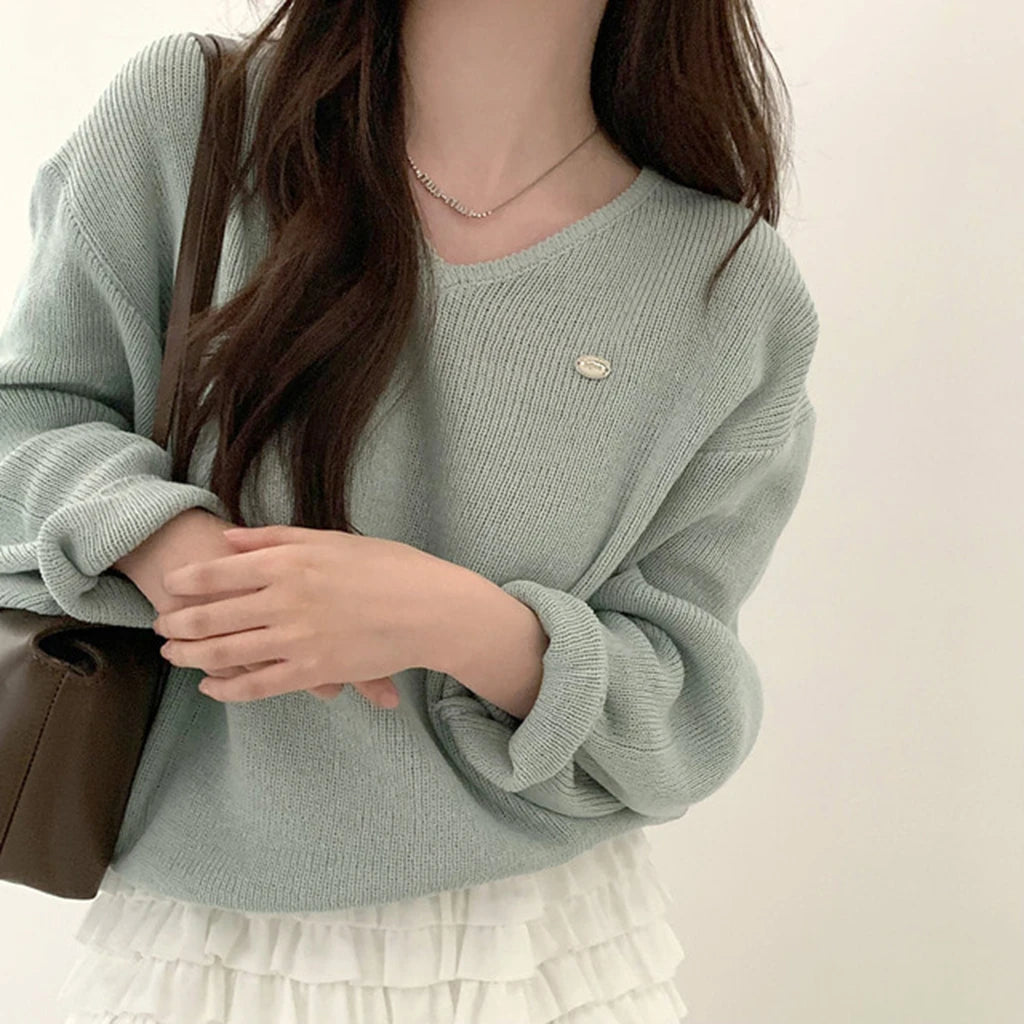Loose Women’s Knitwear V-Neck Long Sleeve T-Shirt – Casual Comfortable Fashionable Autumn Top New Arrival