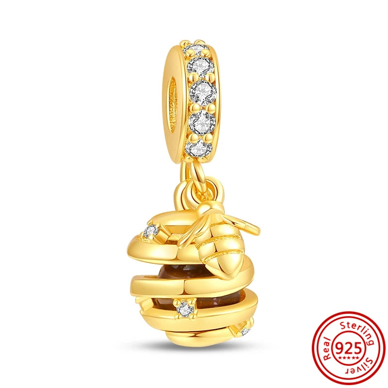 New Plated Gold Sparkling Charm Palace Museum Chicken Cactus Bee Bead | Fit Original 925 Silver Bracelet DIY Jewelry Gift