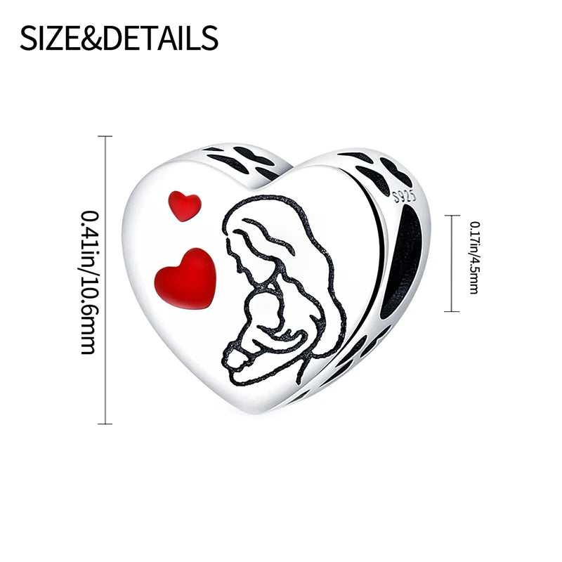 925 Sterling Silver Mother Daughter Love Embrace Pendant Charm | Heart Shaped Bracelet Bead DIY Fine Jewelry Gift