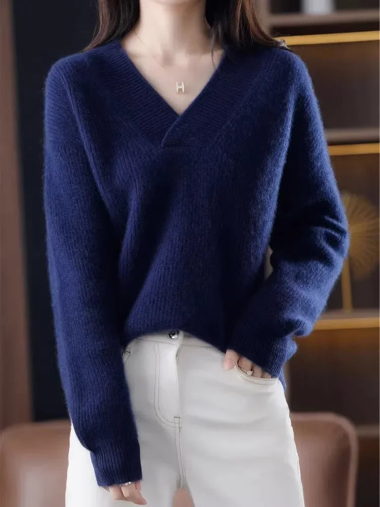 Autumn Winter Women’s V-Neck Knit Sweater – Solid Loose Pullover Soft Warm Casual Top