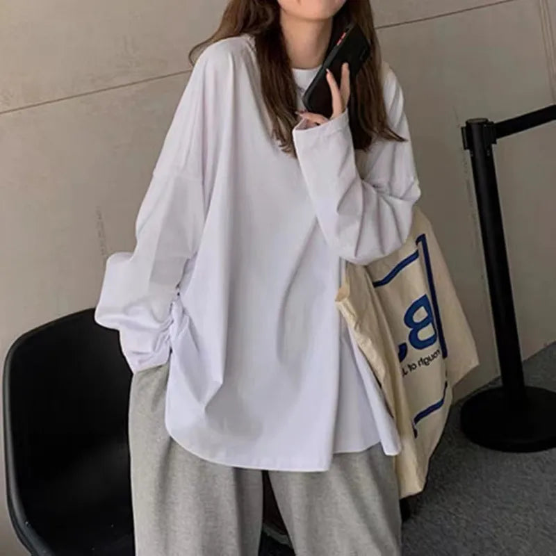 Spring Autumn Women’s Loose Long Sleeve Basic T-Shirt – Casual Round Neck Top Polyester Spandex