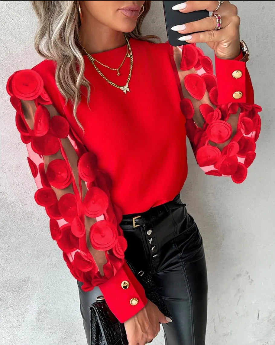 Fashion Lace Floral Tops Blouses Women 2024 – Long Sleeve Elegant O-Neck Loose Shirt Casual Spring Summer 🌿✨