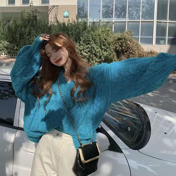 Women’s V-Neck Twisted Knit Sweater – Loose Autumn Winter Outerwear | Lazy Sleeve Soft Knitted Long Sleeve Top